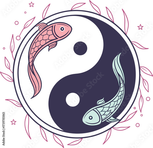 Harmonious yin and yang koi fish design symbolizing balance, perfect for wellness brands, spiritual content, or oriental designs, originally a scalable vector