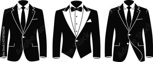 Men’s formal jacket silhouettes, black and white vector set, suit and tuxedo clipart, isolated fashion graphics, elegant attire icons