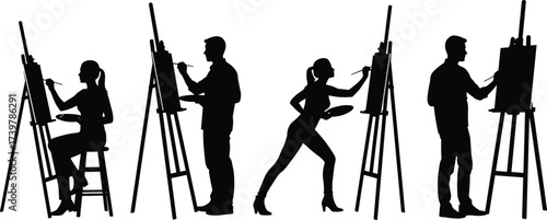Painter silhouettes vector set, black artist poses, easel and palette clipart, creative expression graphics, isolated drawing icons
