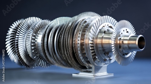 An intricate industrial gas turbine engine with interconnected rotary impellers, gleaming metal surfaces,