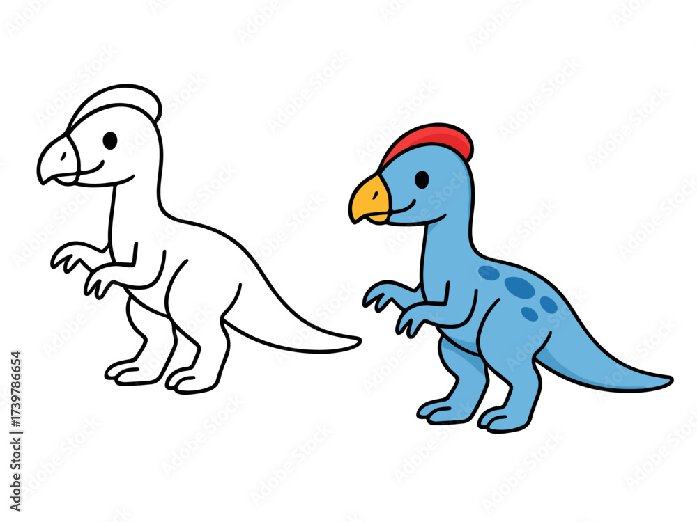 Obraz premium Cute cartoon Pachycephalosaurus dinosaur with a dome head and beak, standing next to its black and white outline for coloring book, sticker, or printable design. Children's fun design.