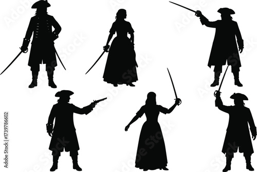 Pirate character silhouettes, black vector set, historical costume poses, weapon clipart, naval attire graphics, isolated adventure icons, dramatic action