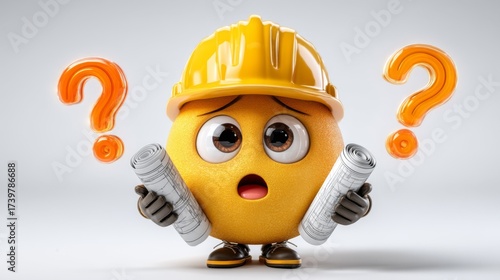 Cute orange emoji wearing a hard hat, confused and holding blueprints with question marks, representing construction problems and engineering inquiries.