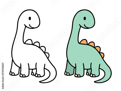 Cute cartoon long neck baby dinosaur with small back spikes, standing next to its black and white outline for coloring book, sticker, or printable design. Children's education theme.