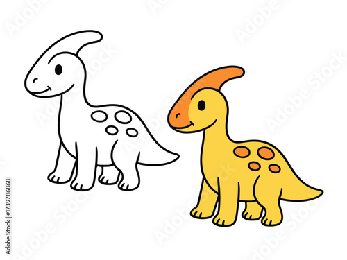 Vector illustration featuring a cute Parasaurolophus dinosaur in two versions: a colored yellow version and a black line outline. Simple prehistoric coloring pages for kids or paleontology themes.