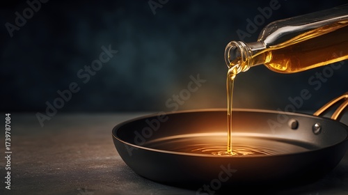 Wallpaper Mural Dramatic close-up of golden cooking oil being poured from a glass bottle into a black non-stick pan, with light reflections against a dark, moody background. Torontodigital.ca