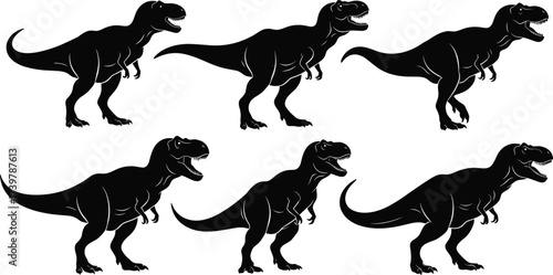 Tyrannosaurus rex silhouettes, black dinosaur vector set, prehistoric predator poses, isolated clipart graphics, Cretaceous anatomy icons, motion sequence