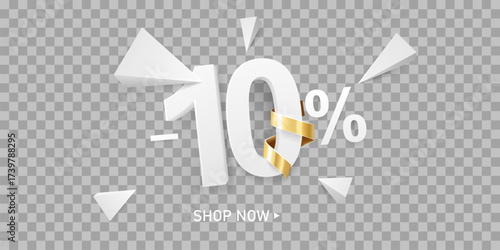 10 Percent off discount sale background. White 3D number with percent sign and golden ribbon, isolated on transparent background.