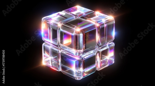 Shining glass cube with colorful digital reflections on black