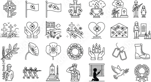 Remembrance day poppy symbol vector line art icon collection