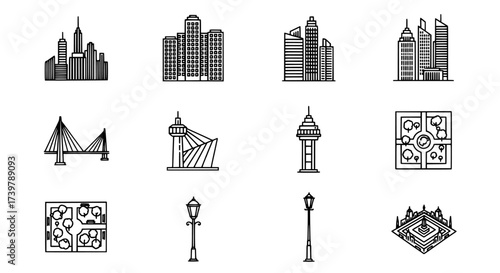 Outline Icons Collection of Urban Architecture Elements and City Infrastructure