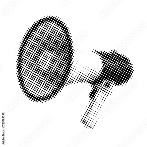 Halftone megaphone illustration in black and white with stylized dotted pattern