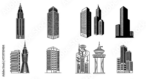Collection of diverse architectural skyscrapers and urban structures