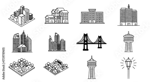 Urban Architecture and Cityscape Line Art Icons Collection for Modern Design