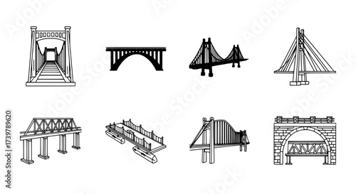 Various Types of Bridges Illustrated in a Set of Icons