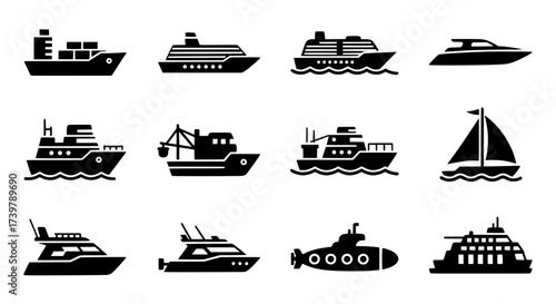 Collection of Various Types of Ships and Boats Icons