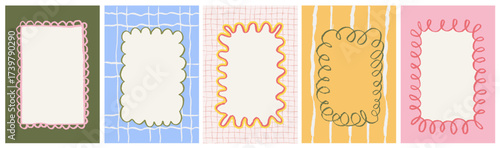 Set of frames with wavy edges. Trendy doodle borders with curved shapes in wax crayons or charcoal style. Abstract design elements for invitations. Vector illustration collection of backgrounds.