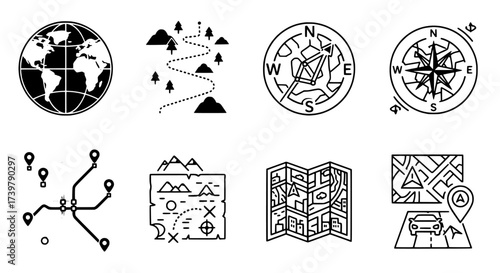 Collection of Black and White Navigation Icons for Mapping and Travel