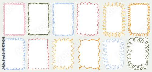 Set of curly hand drawn frames with wavy edges. Trendy doodle scallop borders with curved shapes in wax crayons or charcoal style. Abstract design elements for invitations, greeting cards, menu.