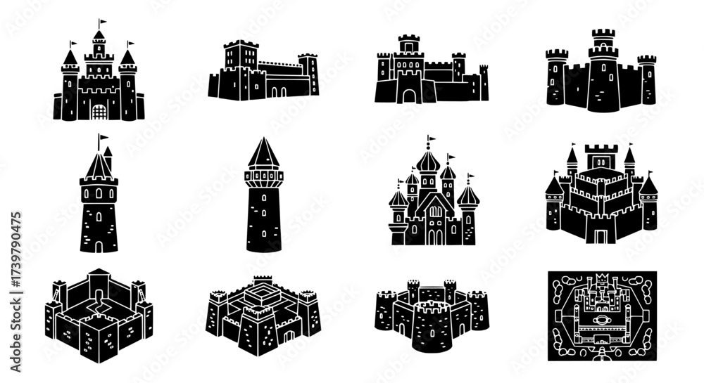 Fototapeta premium Set of Simple Fortress Icons in Black Silhouette