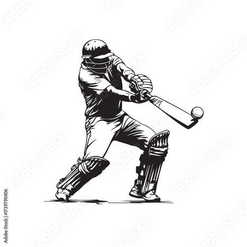 Vector illustration of a cricket player hitting the ball in a dynamic and energetic style. The design features the energetic action of cricket, suitable for sports, athletes, and competitions.