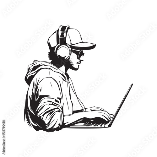 Vector illustration of people working with laptops in modern and minimalist cartoon style
