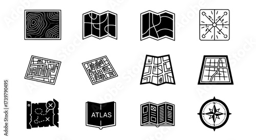 Collection of Black and White Map Icons for Navigation and Travel Concepts