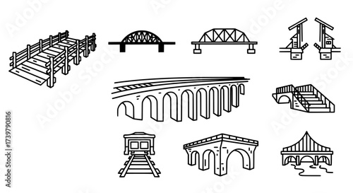 Various Types of Bridges in Black and White Outline Style