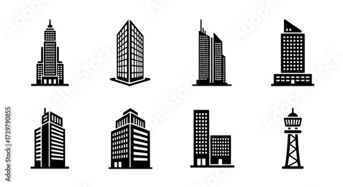 Set of black and white simple outlined building icons