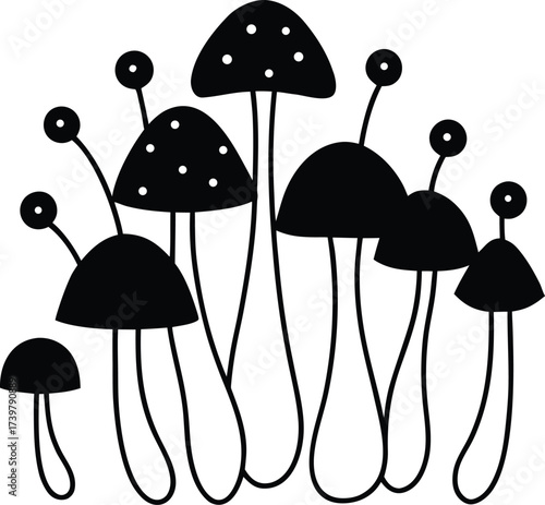 abstract mushroom forest with glowing spores vector illustration on transparent background