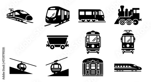 Diverse Transportation Icons Trains, Trams, and Cable Cars