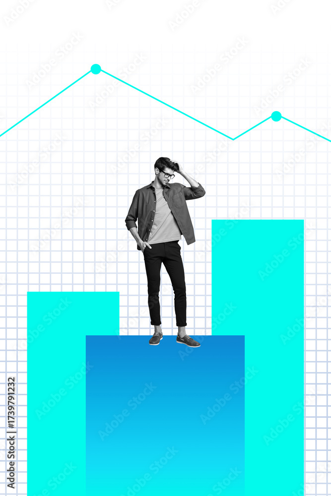 Fototapeta premium 3d image art poster banner creative collage of happy businessman stand graph development chart progress employee promotion