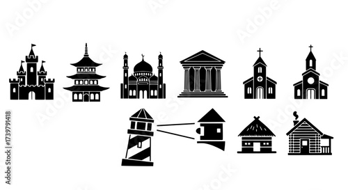 Variety of Architectural Icons Diverse Buildings and Structures Silhouettes