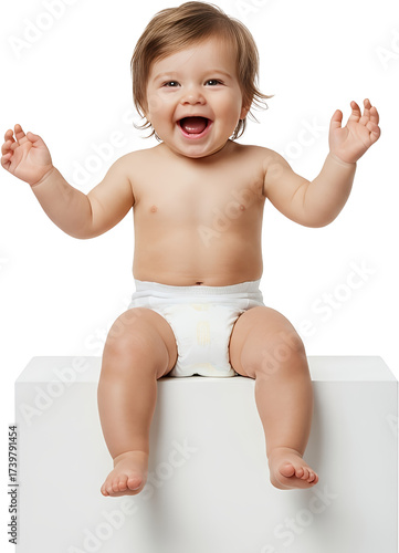 A joyful toddler sits on a white block with arms outstretched in excitement wearing a diaper and smiling baby child infant cute happy playful innocence