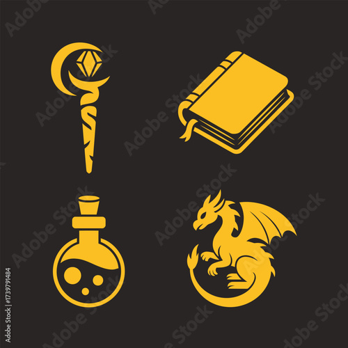 Magic symbols icons set on white background.  Magic wand, potion, book, and dragon silhouette vector art.