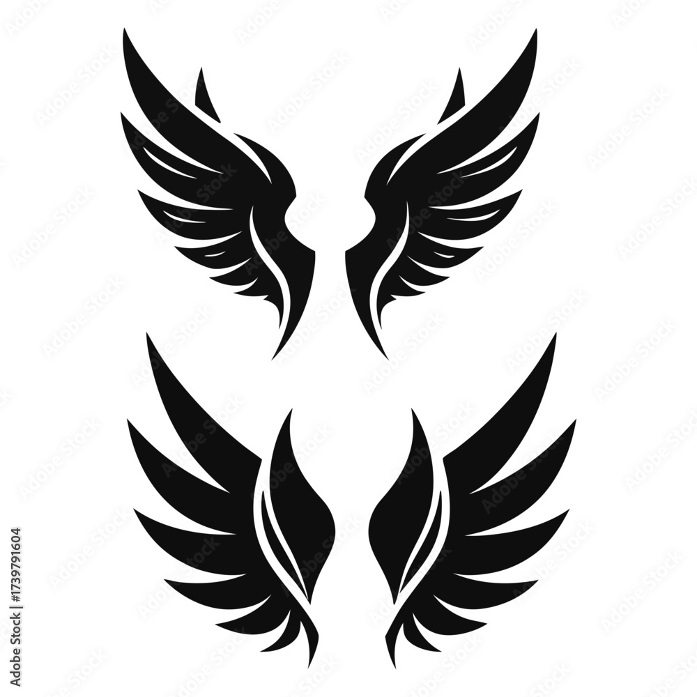 Obraz premium Set of stylized wing icons in various colors and grayscale