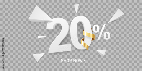20 Percent off discount sale background. White 3D number with percent sign and golden ribbon, isolated on transparent background.