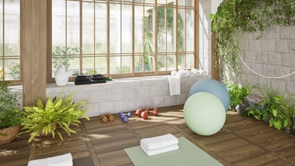 Fototapete Yogaschule 3D render of large cozy and bright yoga studio with large windows and sports equipment. Mat rack, fitness balls. Interior design, decorative plants and landscaping. Wooden floor and white brick walls  © Christiniush