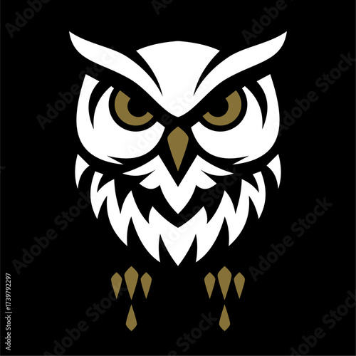 A minimalist owl face in white and gold, with sharp eyes that reflect wisdom and vigilance.