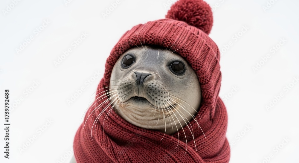 Obraz premium seal wearing a winter hat and scarf, on a solid white background