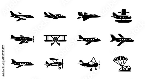 Variety of Aircraft Illustrations Vector Icons of Planes and Aviation