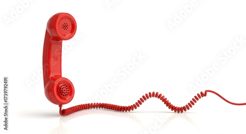 Red retro telephone handset with coiled cord on a white background