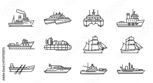 Set of various line art ship and boat icons