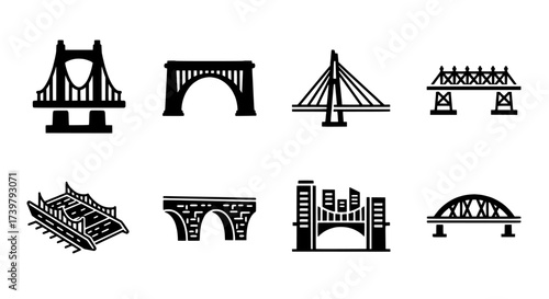 Collection of black and white vector illustrations of various bridge designs