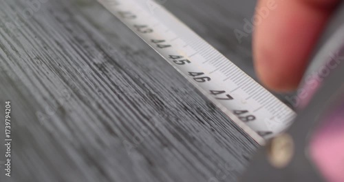 Worker using measuring tape on wooden surface