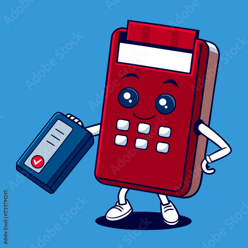 Cute cartoon payment terminal character holding credit card on blue background representing digital finance, cashless transactions, and modern retail technology