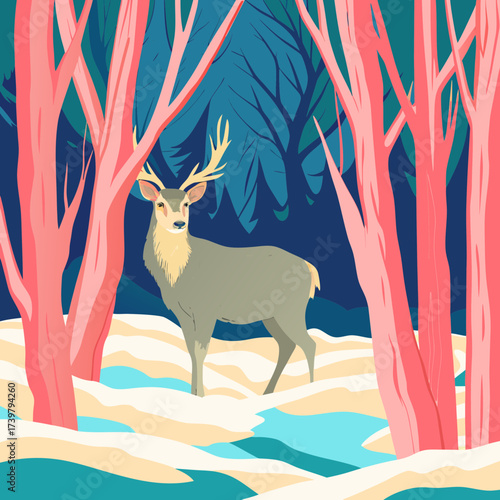 deer in winter thicket. Majestic deer standing in snowy forest with pink trees and dark background in colorful vector illustration representing wildlife, winter nature, and peaceful solitude