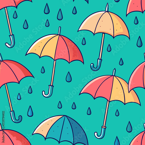 Seamless vector pattern with colorful umbrellas and raindrops on teal background representing rainy weather, protection, and playful seasonal design