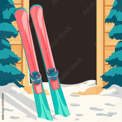skis by cabin door. Colorful skis standing in snow outside wooden cabin in winter forest scene representing outdoor adventure, winter sports, and mountain holiday lifestyle