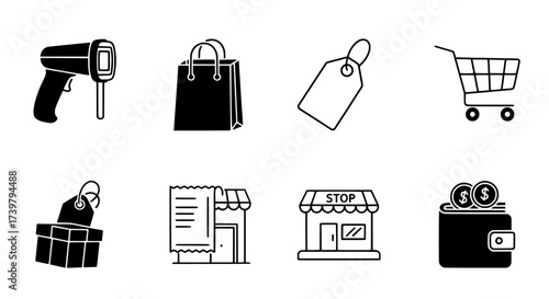 Shopping and Retail Icons Barcode, Bag, Tag, Cart, and More